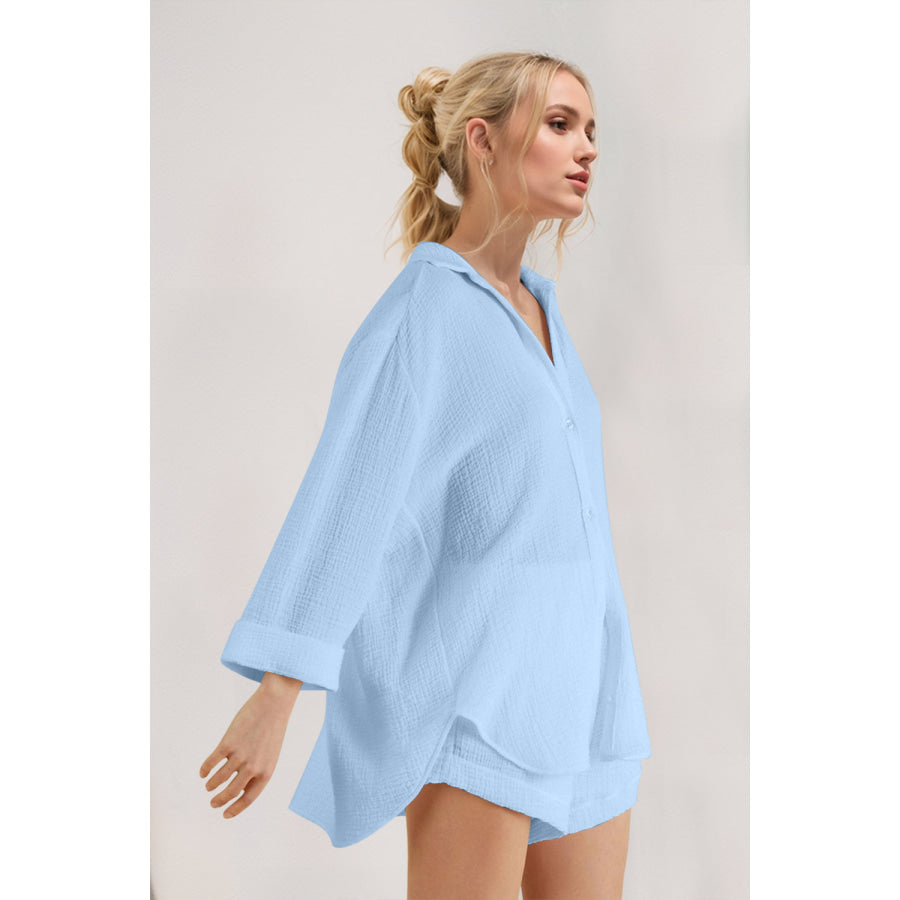 Basic Bae Breathable Button Down Long Sleeve Top and Shorts Set Light Blue / S Apparel and Accessories