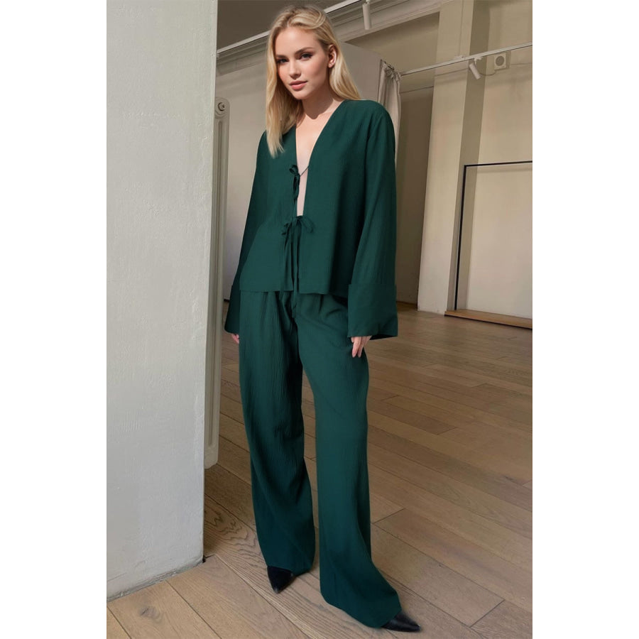 Basic Bae Breathable Double Tie Long Sleeve Top and Pants Set Apparel and Accessories