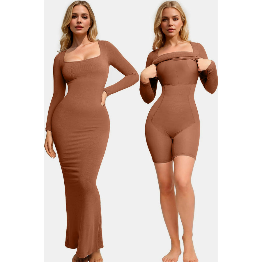 Basic Bae Built-In Shapewear Square Neck Long Sleeve Maxi Dress Caramel / S Apparel and Accessories