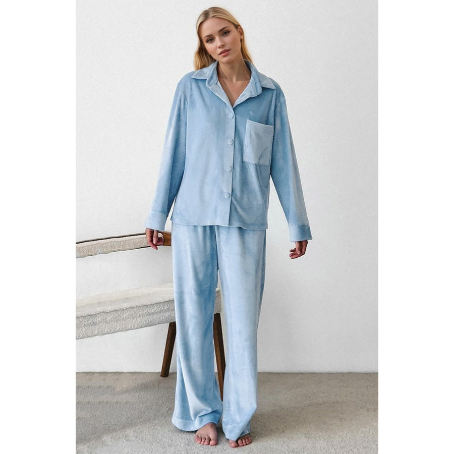 Basic Bae Buttery-Soft Collared Neck Button Up Top and Pants Set Apparel and Accessories