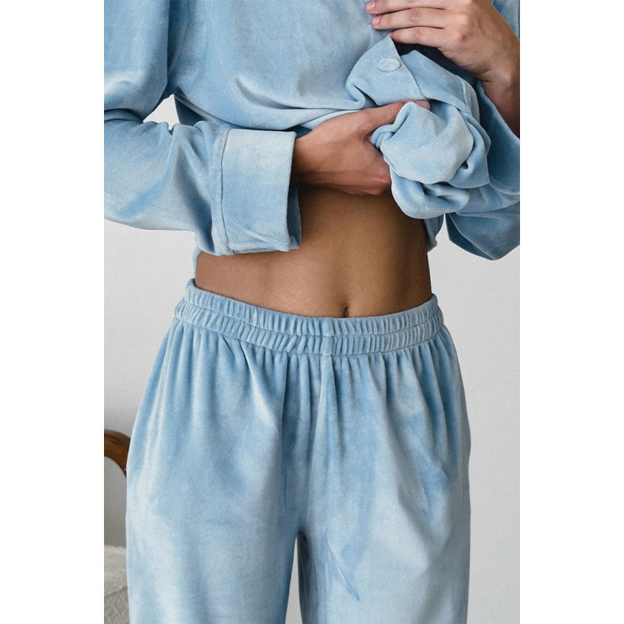 Basic Bae Buttery-Soft Collared Neck Button Up Top and Pants Set Apparel and Accessories