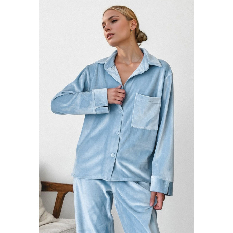 Basic Bae Buttery-Soft Collared Neck Button Up Top and Pants Set Light Blue / S Apparel and Accessories