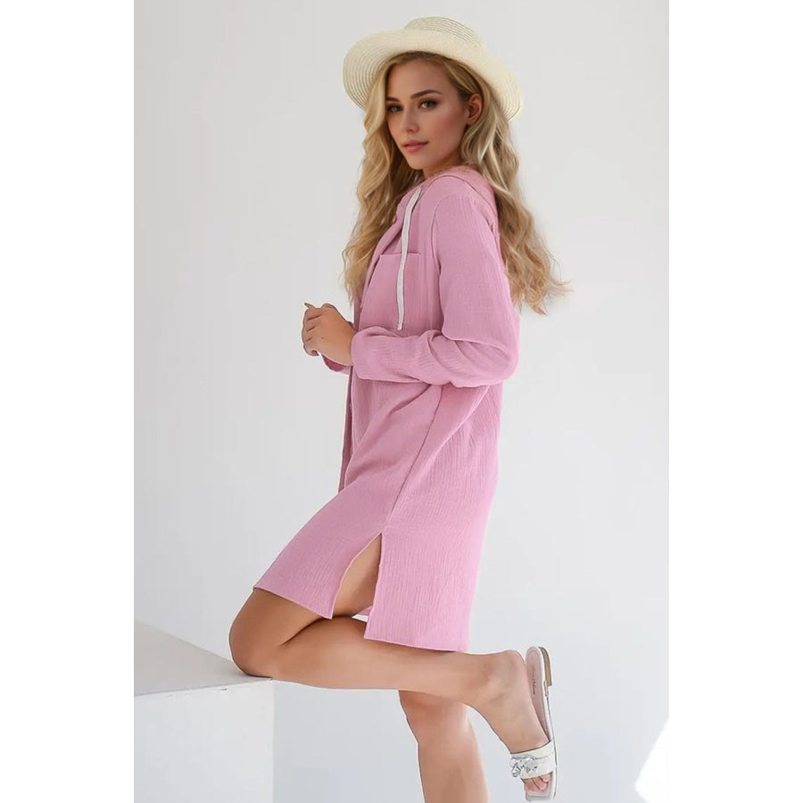 Basic Bae Buttery-Soft Side Slit Texture Drawstring Hooded Mini Dress Apparel and Accessories