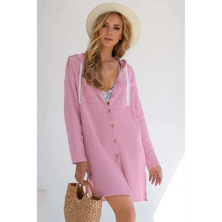 Basic Bae Buttery-Soft Side Slit Texture Drawstring Hooded Mini Dress Dusty Pink / S Apparel and Accessories