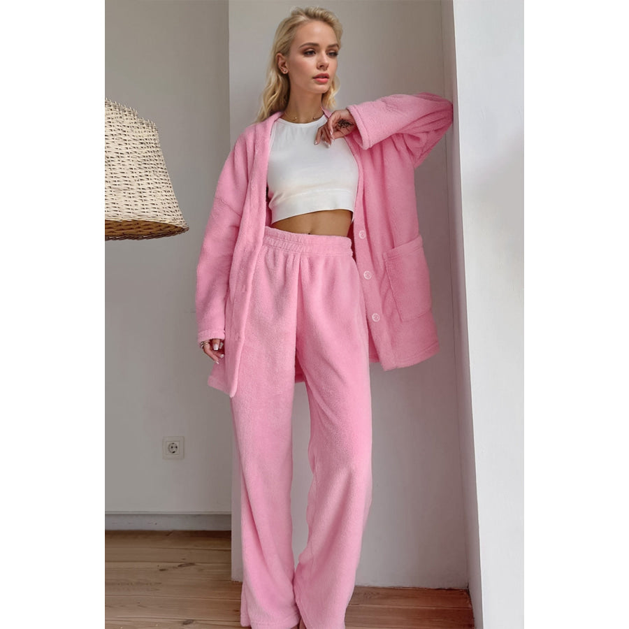 Basic Bae Buttery-Soft V-Neck Button Up Top and Pants Set Pink / S Apparel and Accessories