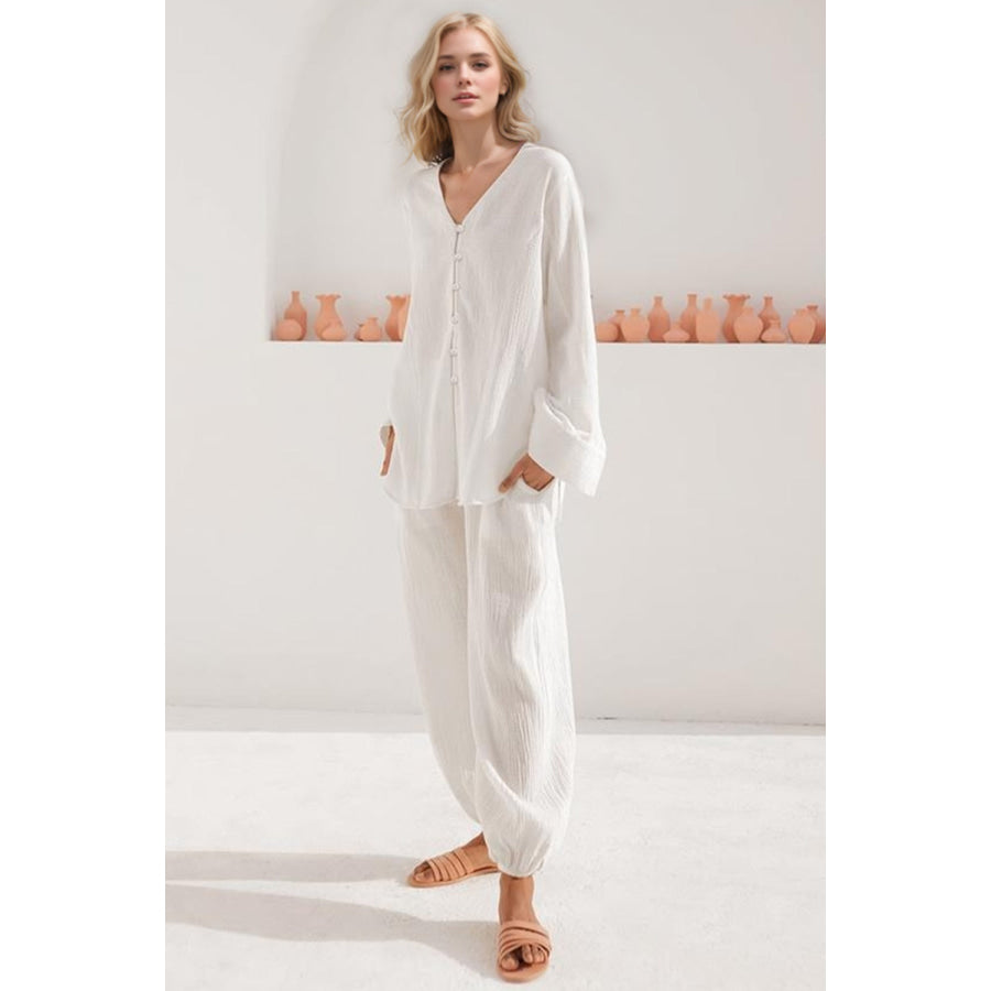 Basic Bae Buttery-Soft V-Neck Long Sleeve Top and Pants Set Apparel and Accessories