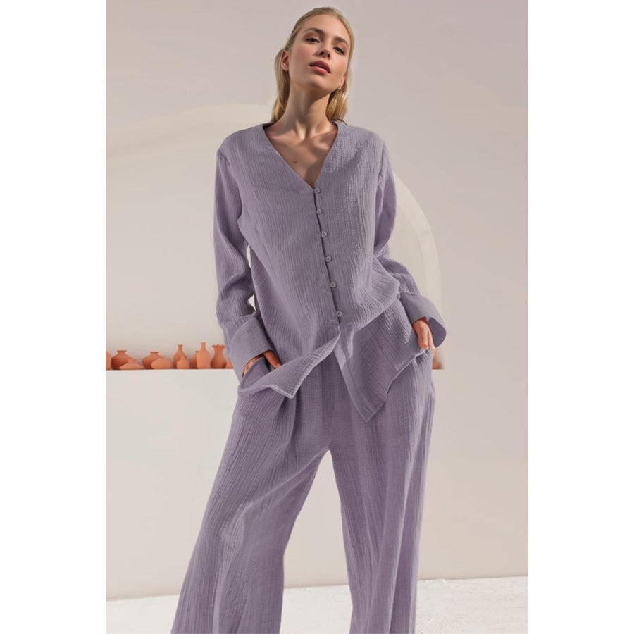 Basic Bae Buttery-Soft V-Neck Long Sleeve Top and Pants Set Apparel and Accessories