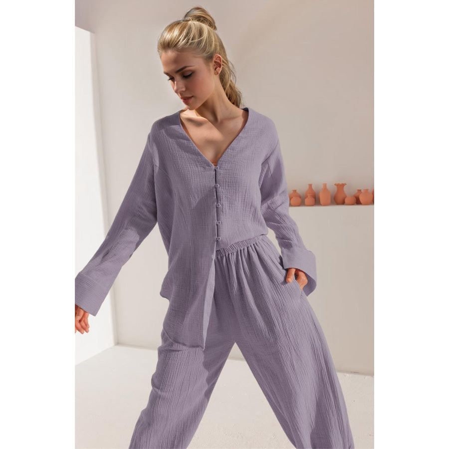 Basic Bae Buttery-Soft V-Neck Long Sleeve Top and Pants Set Apparel and Accessories