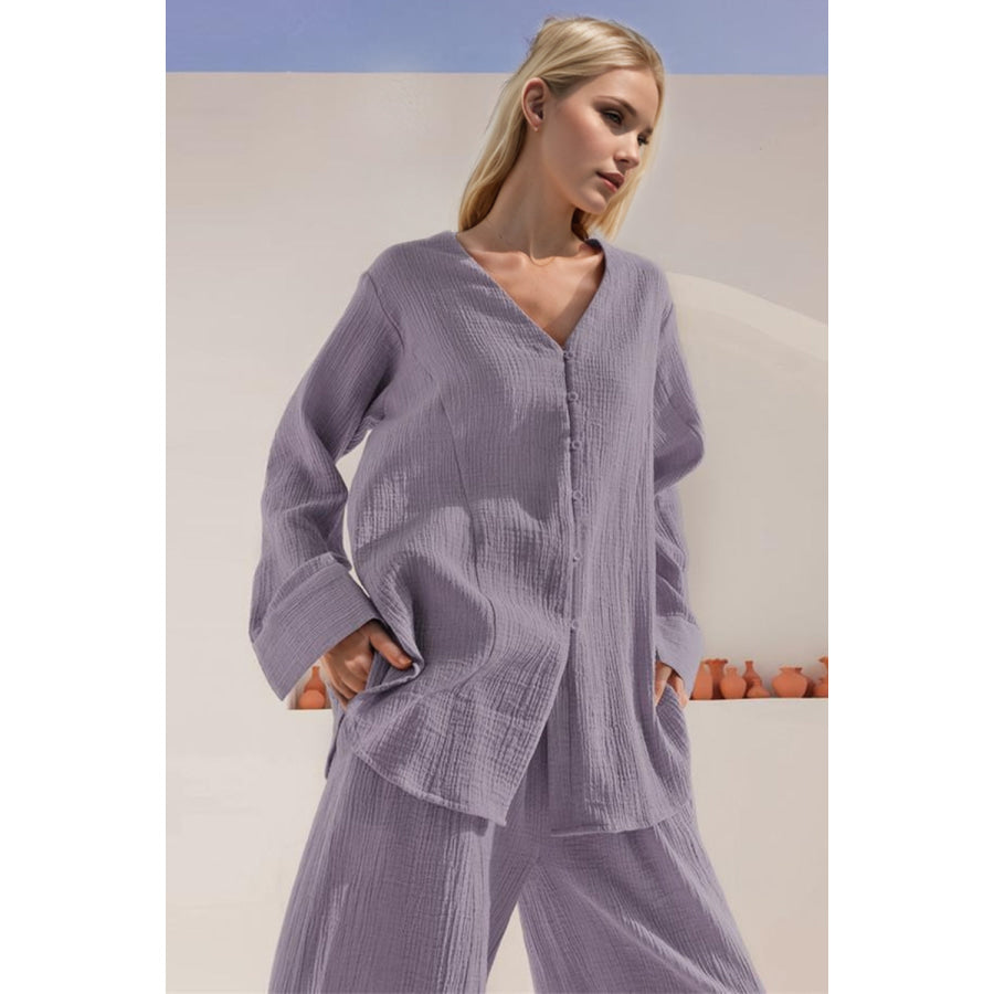 Basic Bae Buttery-Soft V-Neck Long Sleeve Top and Pants Set Apparel and Accessories