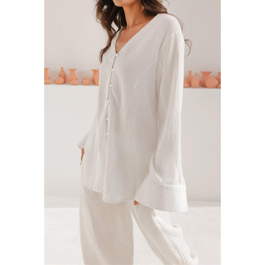 Basic Bae Buttery-Soft V-Neck Long Sleeve Top and Pants Set White / S Apparel and Accessories