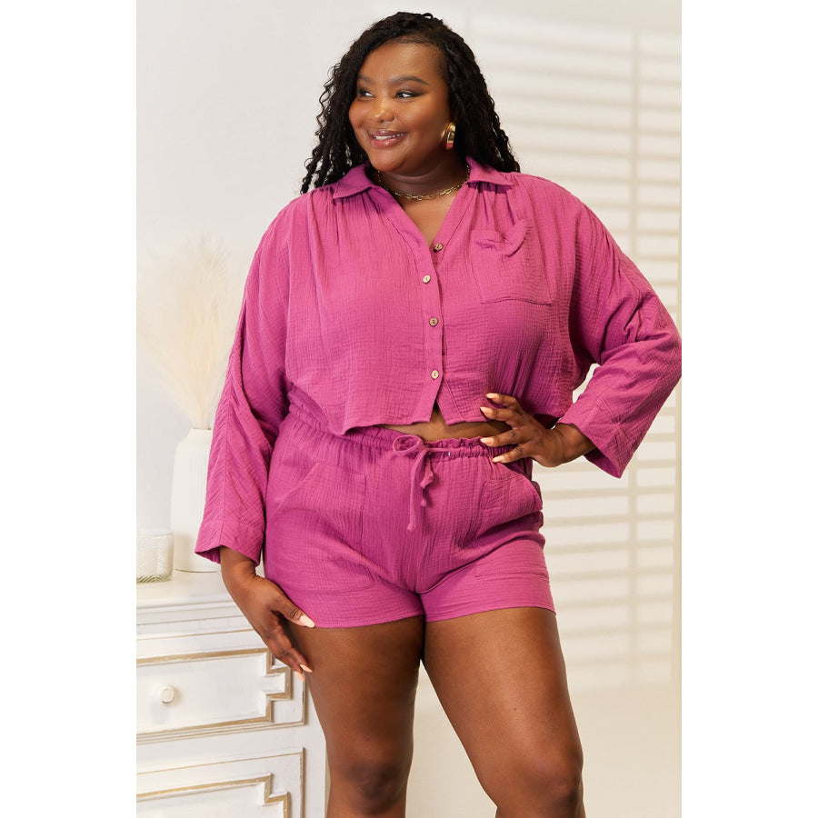 Basic Bae Buttoned Long Sleeve Top and Shorts Set Apparel and Accessories