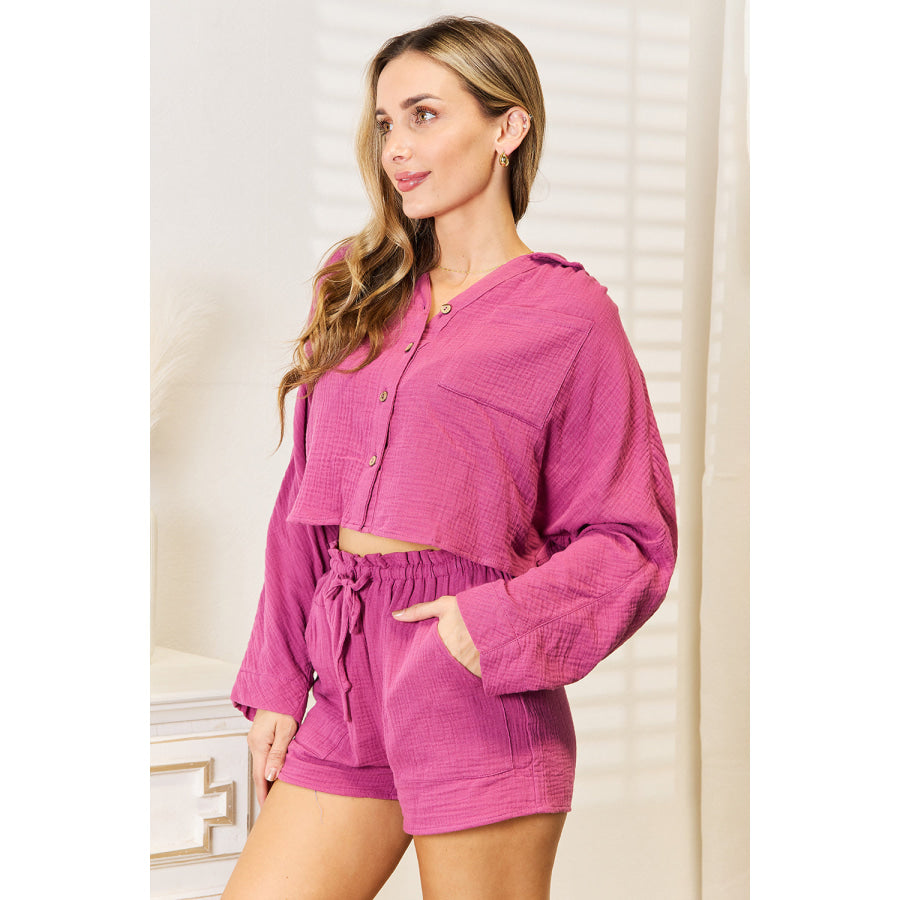 Basic Bae Buttoned Long Sleeve Top and Shorts Set Apparel and Accessories