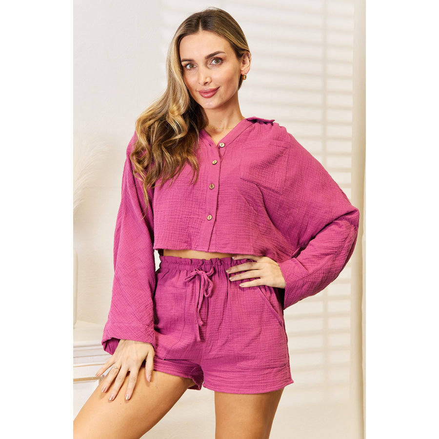 Basic Bae Buttoned Long Sleeve Top and Shorts Set Red-Violet / S Apparel and Accessories