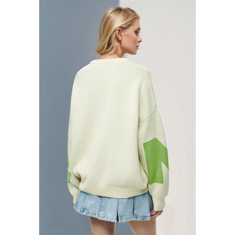 Basic Bae Contrast Letter Round Neck Long Sleeve Sweater Lime / One Size Apparel and Accessories