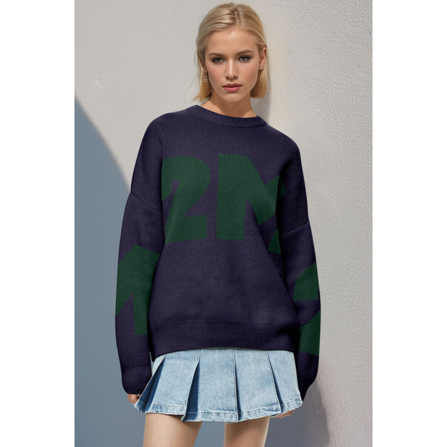 Basic Bae Contrast Letter Round Neck Long Sleeve Sweater Apparel and Accessories