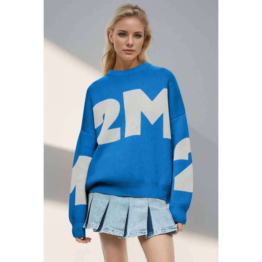 Basic Bae Contrast Letter Round Neck Long Sleeve Sweater Blue / One Size Apparel and Accessories