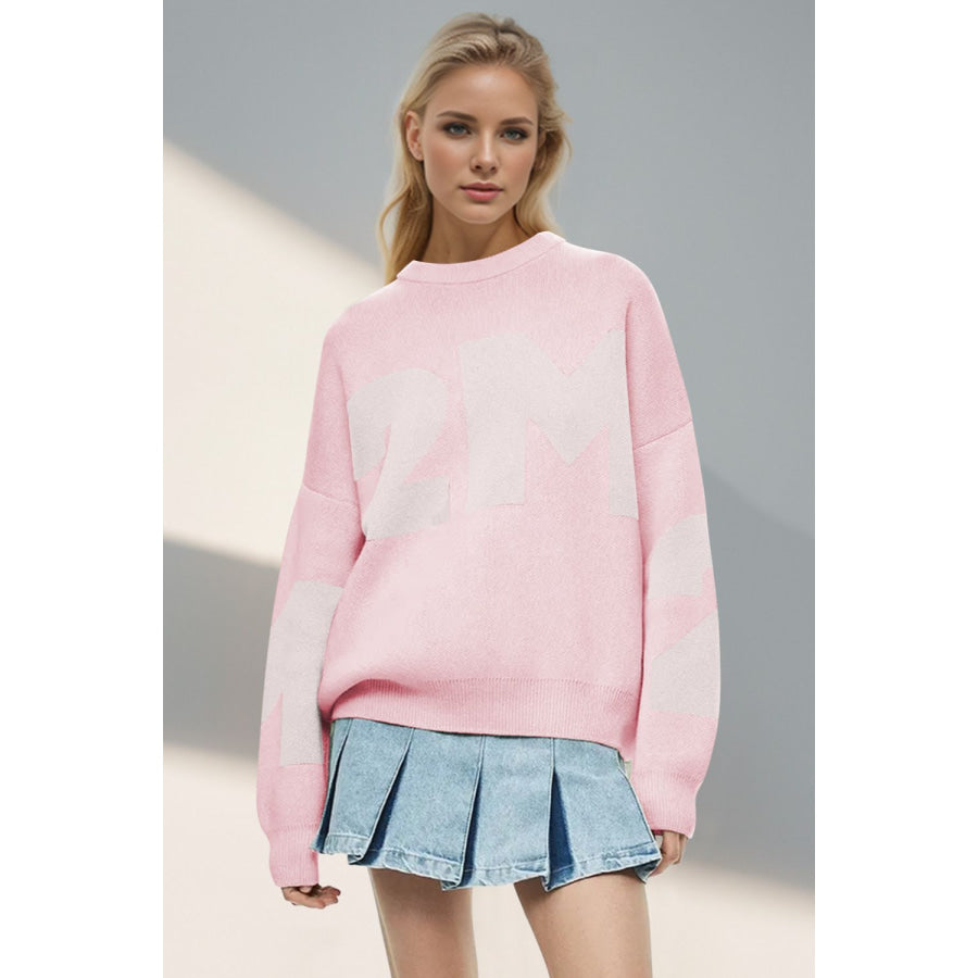 Basic Bae Contrast Letter Round Neck Long Sleeve Sweater Blush Pink / One Size Apparel and Accessories