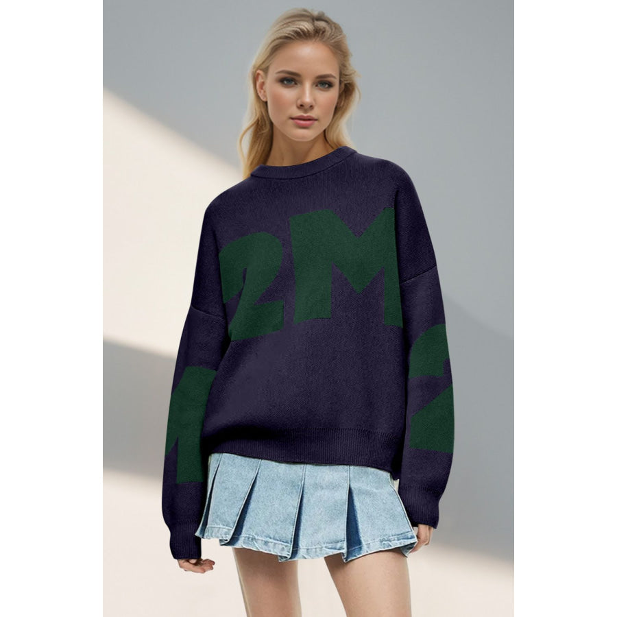 Basic Bae Contrast Letter Round Neck Long Sleeve Sweater Dark Blue / One Size Apparel and Accessories