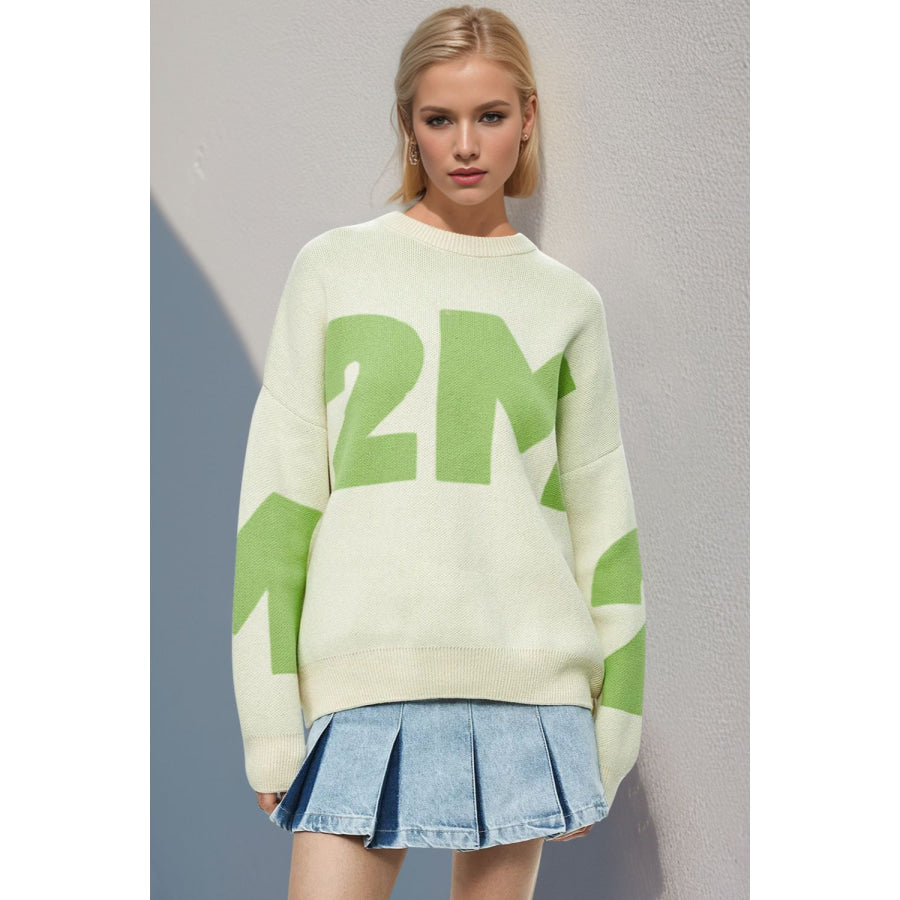 Basic Bae Contrast Letter Round Neck Long Sleeve Sweater Lime / One Size Apparel and Accessories