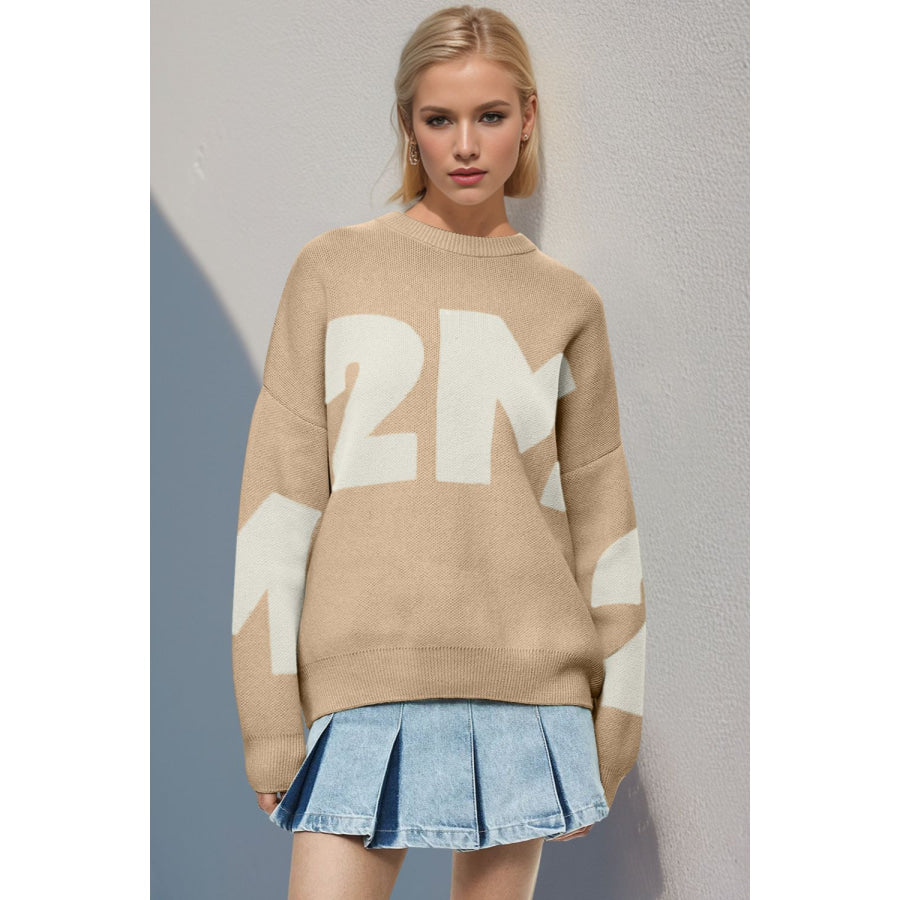 Basic Bae Contrast Letter Round Neck Long Sleeve Sweater Tan / One Size Apparel and Accessories