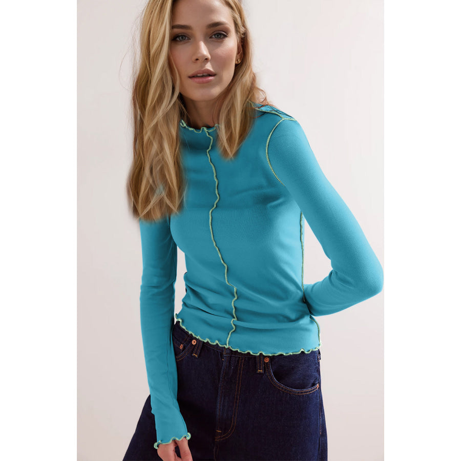 Basic Bae Contrast Trim Mock Neck Long Sleeve T-Shirt Blue / S Apparel and Accessories