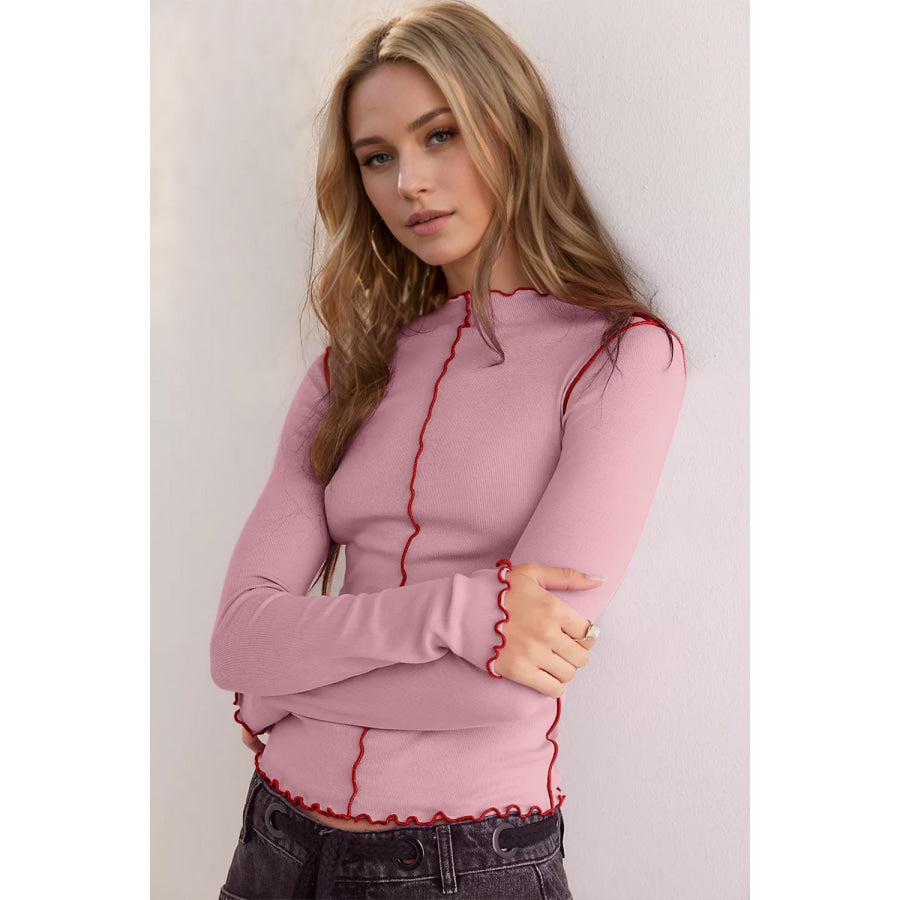 Basic Bae Contrast Trim Mock Neck Long Sleeve T-Shirt Blush Pink / S Apparel and Accessories