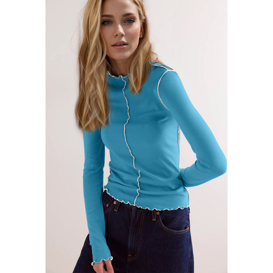 Basic Bae Contrast Trim Mock Neck Long Sleeve T-Shirt Cerulean / S Apparel and Accessories