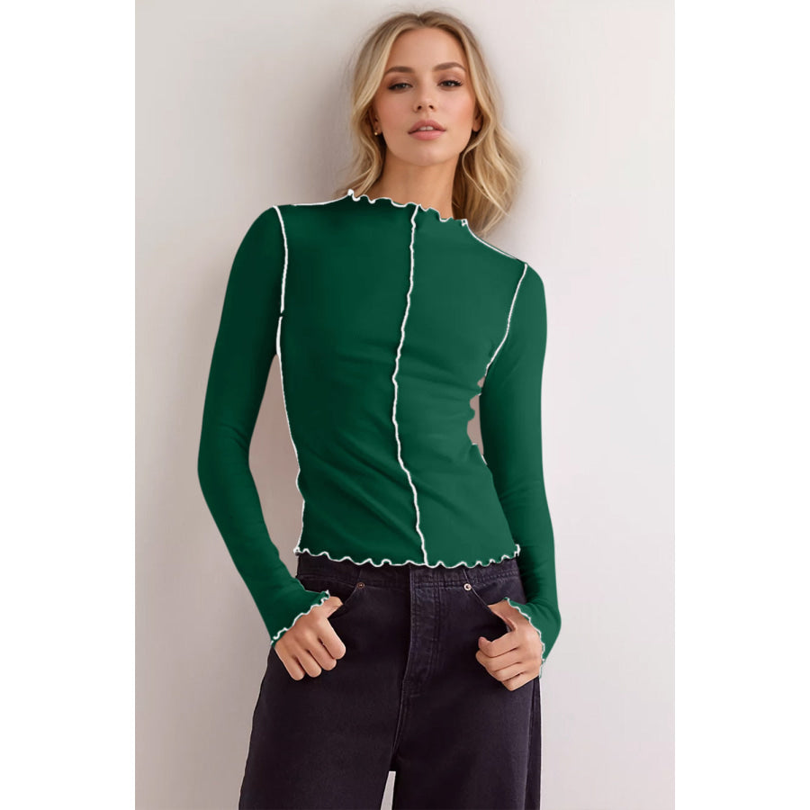 Basic Bae Contrast Trim Mock Neck Long Sleeve T-Shirt Dark Green / S Apparel and Accessories