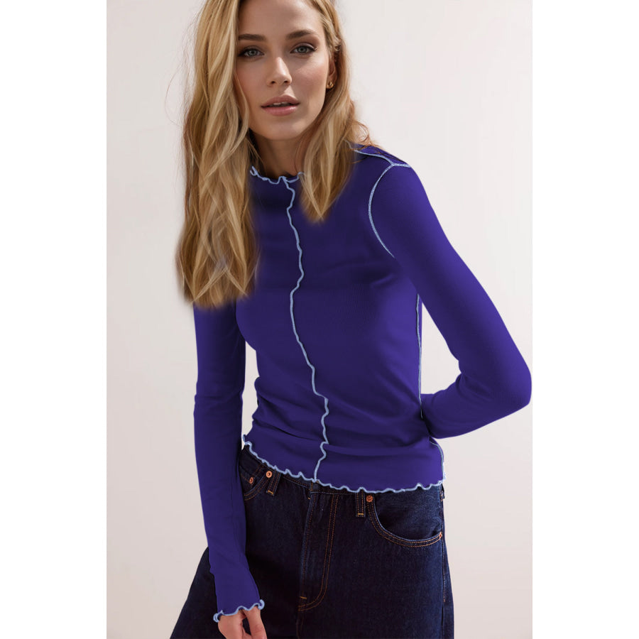 Basic Bae Contrast Trim Mock Neck Long Sleeve T-Shirt Indigo / S Apparel and Accessories