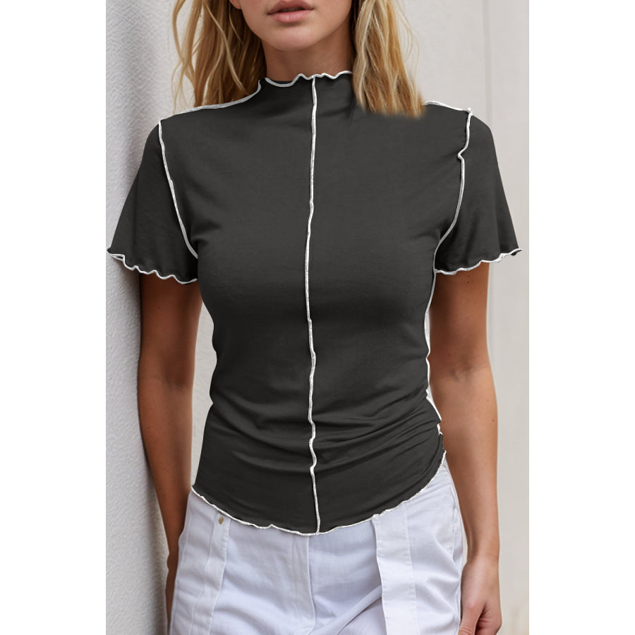 Basic Bae Contrast Trim Mock Neck Short Sleeve T-Shirt Dark Gray / S Apparel and Accessories