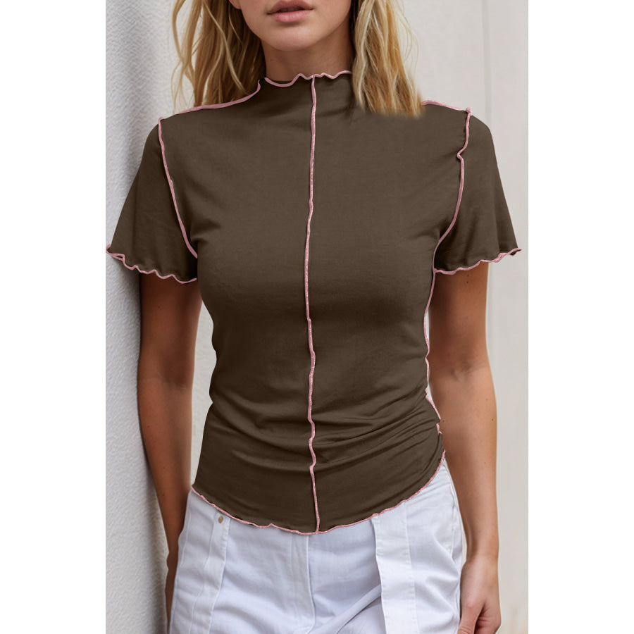 Basic Bae Contrast Trim Mock Neck Short Sleeve T-Shirt Chocolate / S Apparel and Accessories