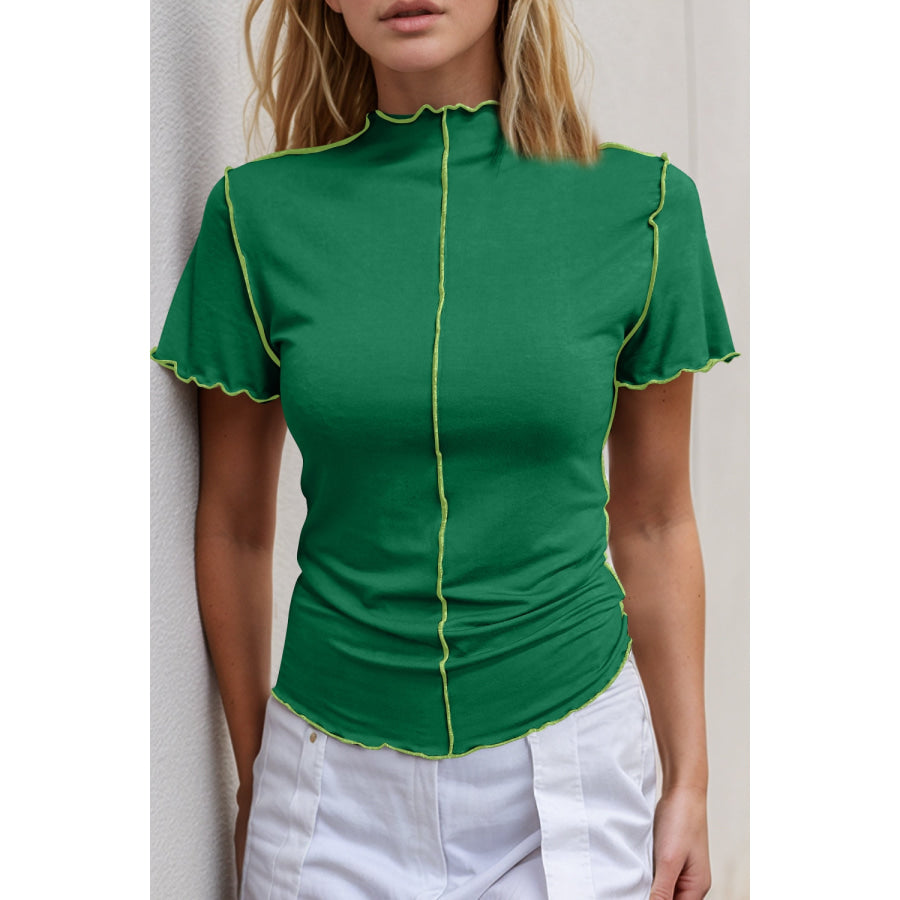 Basic Bae Contrast Trim Mock Neck Short Sleeve T-Shirt Dark Green / S Apparel and Accessories