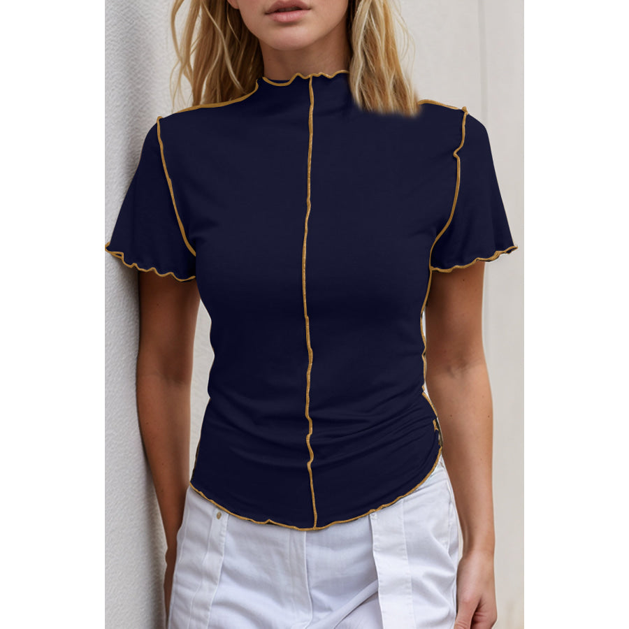 Basic Bae Contrast Trim Mock Neck Short Sleeve T-Shirt Dark Navy / S Apparel and Accessories