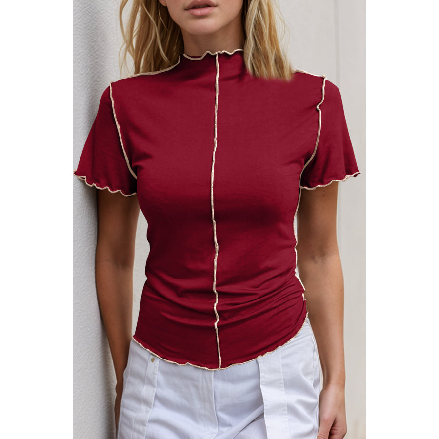 Basic Bae Contrast Trim Mock Neck Short Sleeve T-Shirt Deep Red / S Apparel and Accessories