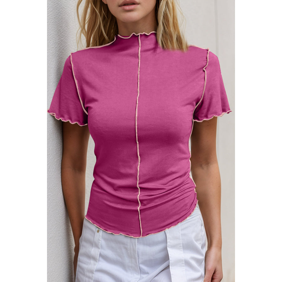 Basic Bae Contrast Trim Mock Neck Short Sleeve T-Shirt Hot Pink / S Apparel and Accessories