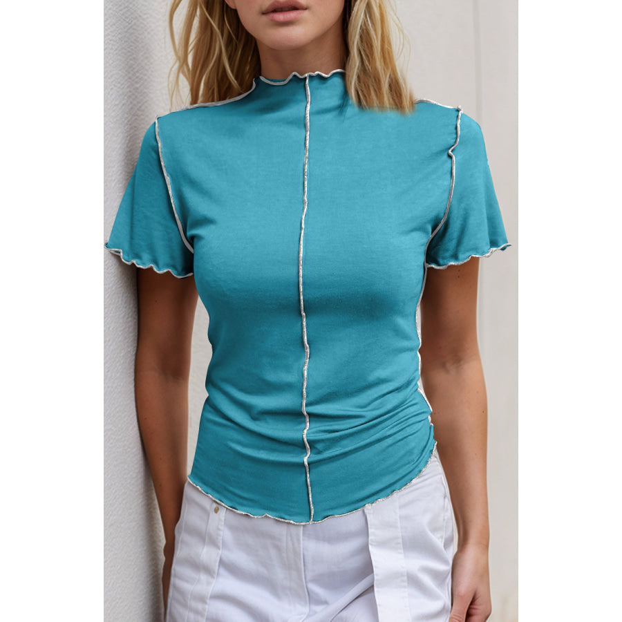 Basic Bae Contrast Trim Mock Neck Short Sleeve T-Shirt Pastel Blue / S Apparel and Accessories