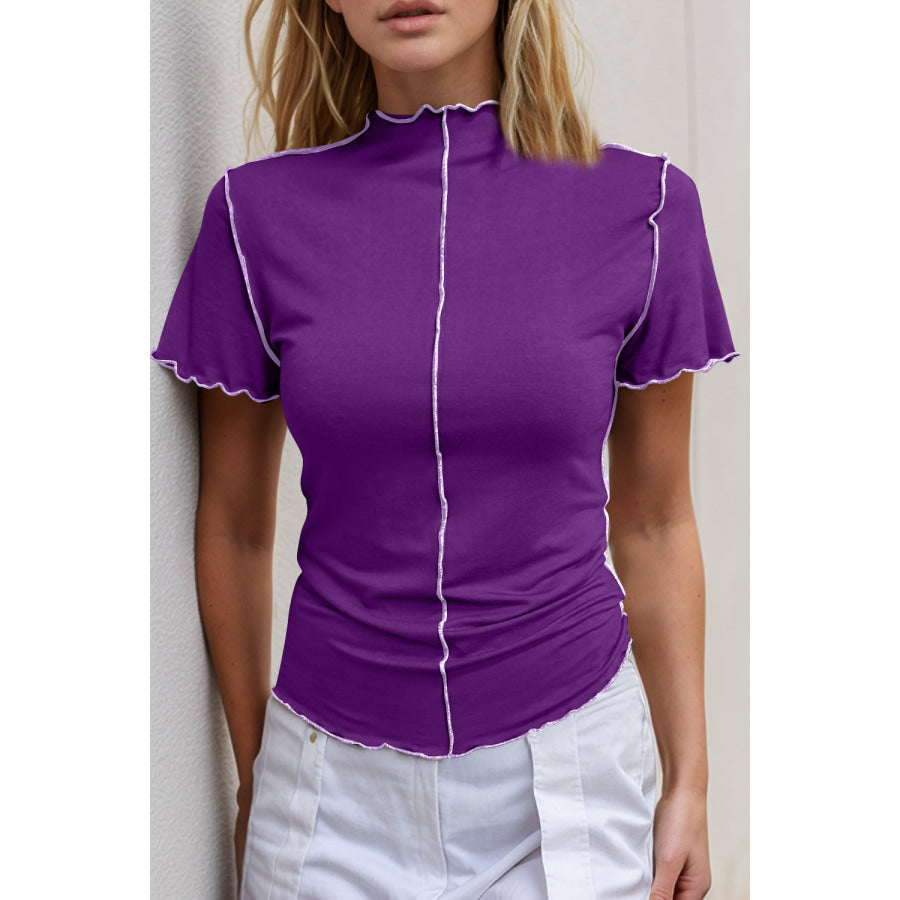 Basic Bae Contrast Trim Mock Neck Short Sleeve T-Shirt Purple / S Apparel and Accessories