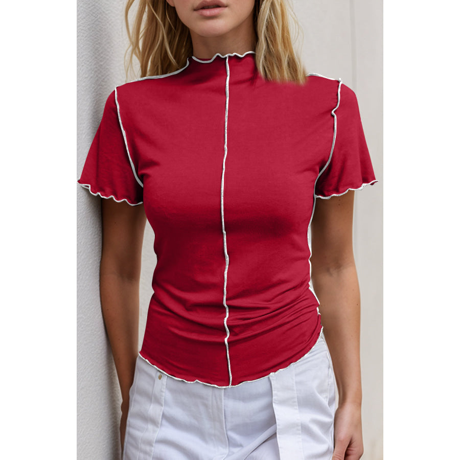 Basic Bae Contrast Trim Mock Neck Short Sleeve T-Shirt Scarlet / S Apparel and Accessories