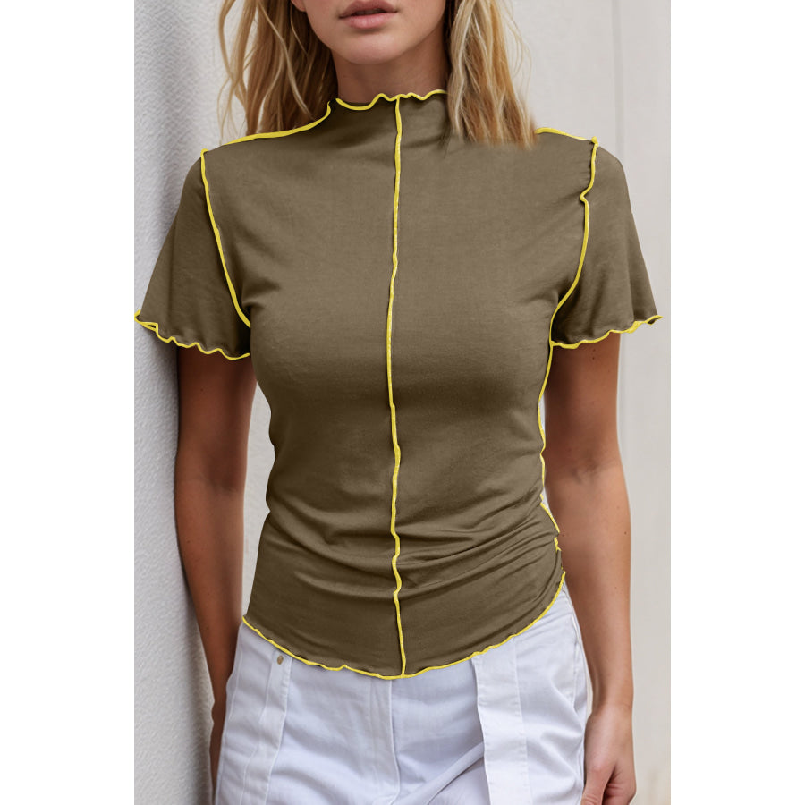 Basic Bae Contrast Trim Mock Neck Short Sleeve T-Shirt Taupe / S Apparel and Accessories