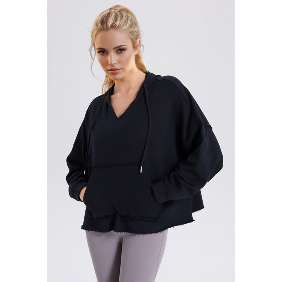 Basic Bae Drawstring Frayed Hem Long Sleeve Hoodie Black / S Apparel and Accessories