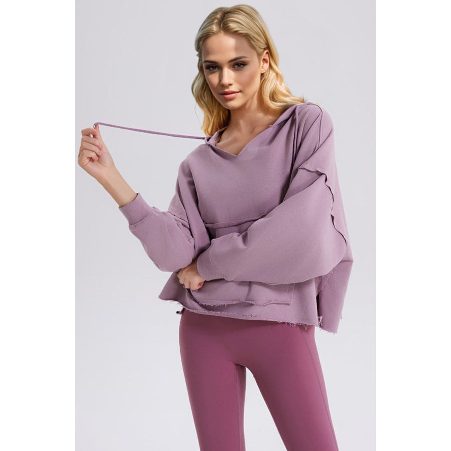 Basic Bae Drawstring Frayed Hem Long Sleeve Hoodie Lilac / S Apparel and Accessories