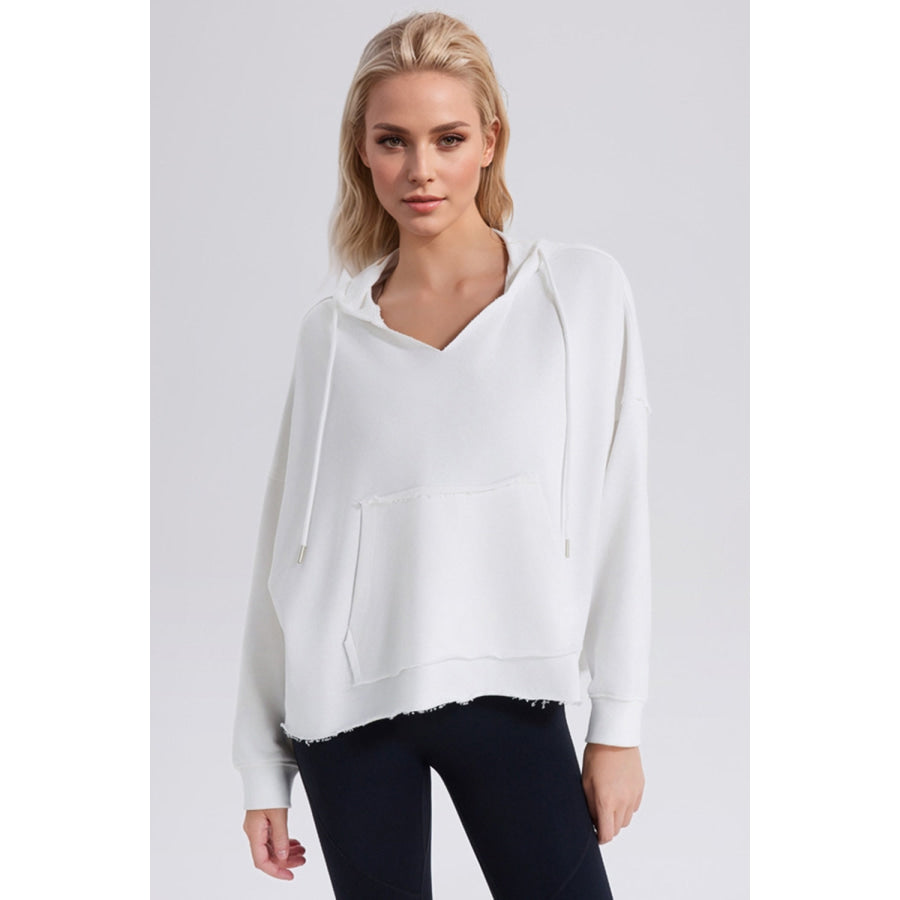 Basic Bae Drawstring Frayed Hem Long Sleeve Hoodie White / S Apparel and Accessories