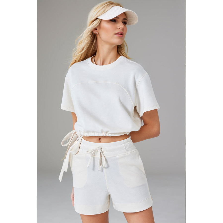 Basic Bae Drawstring Hem Air Scuba Round Neck Short Sleeve T-Shirt Cream / S Apparel and Accessories