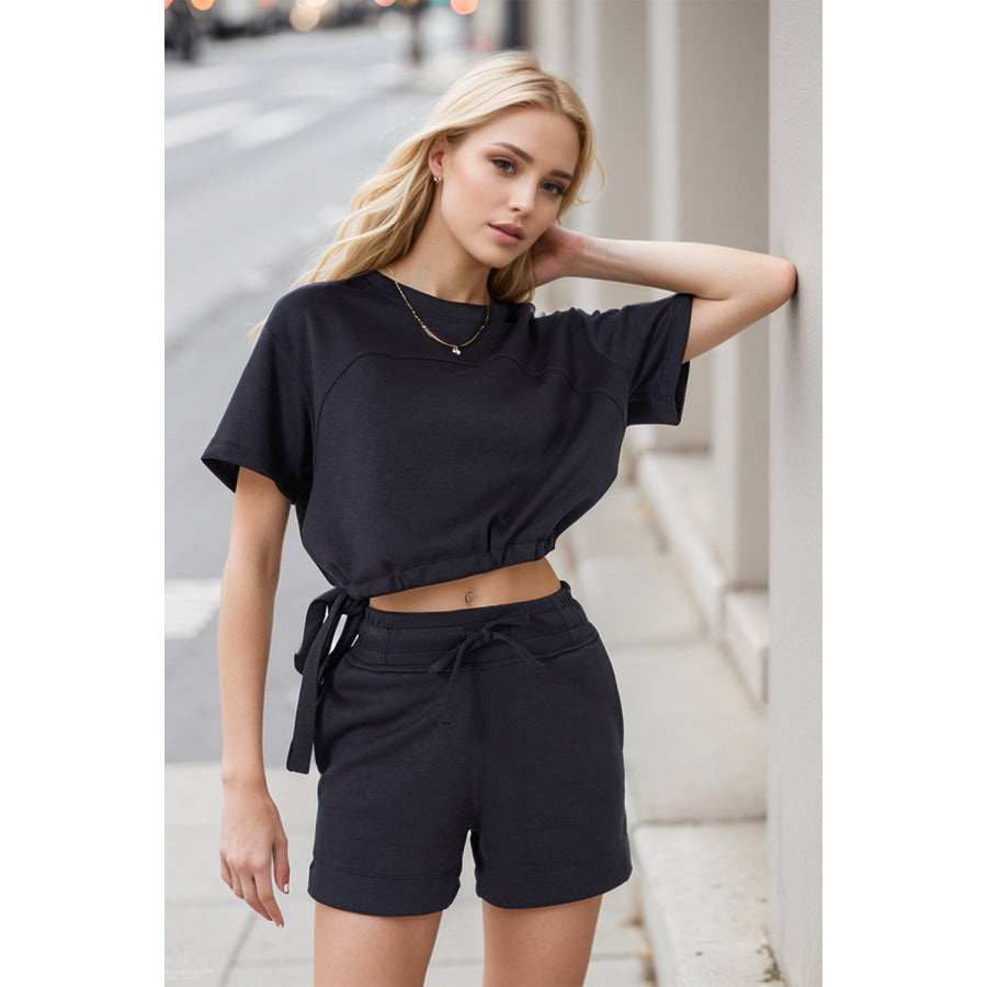 Basic Bae Drawstring Hem Air Scuba Round Neck Short Sleeve T-Shirt Black / S Apparel and Accessories