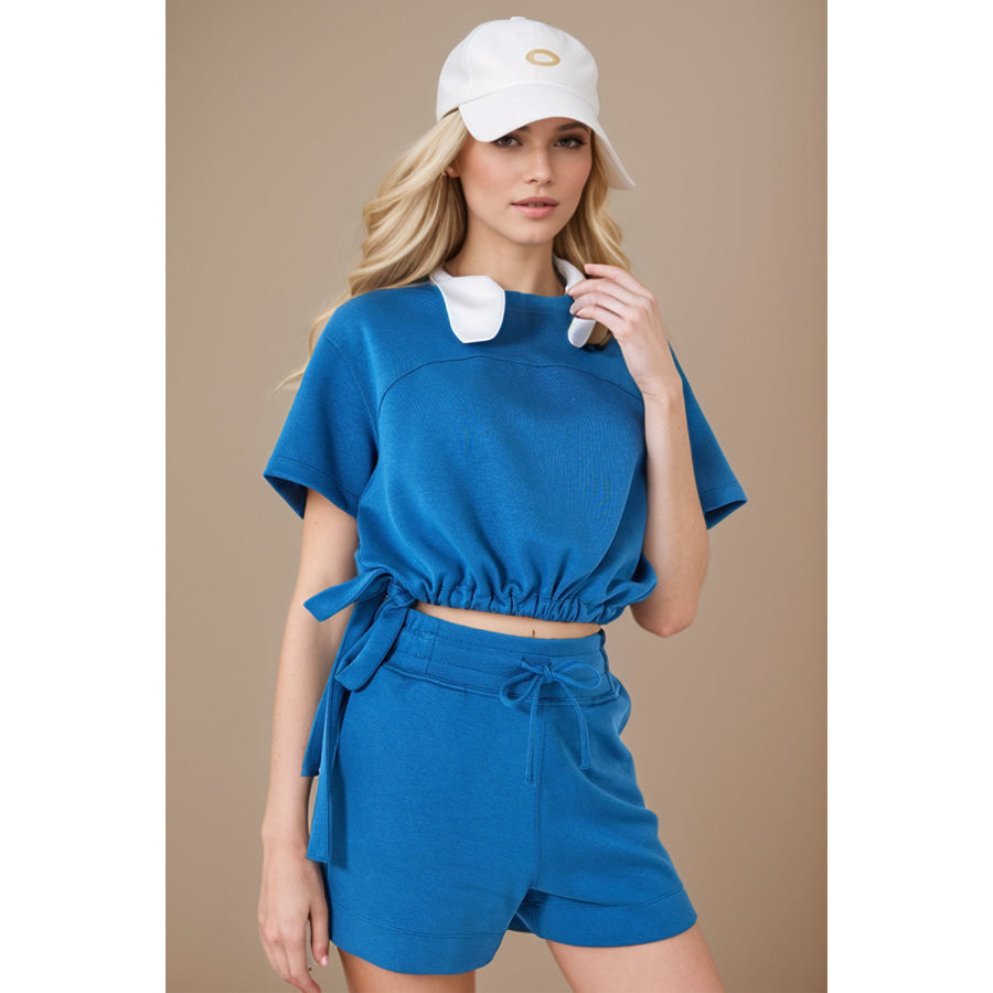 Basic Bae Drawstring Hem Air Scuba Round Neck Short Sleeve T-Shirt Sky Blue / S Apparel and Accessories