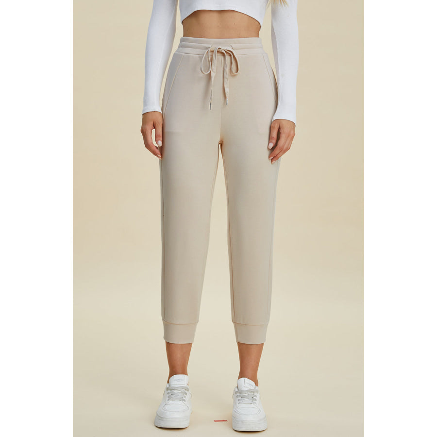 Basic Bae Full Size Air Scuba Drawstring High Waist Cropped Pants Beige / S Apparel and Accessories