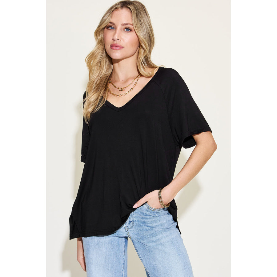 Basic Bae Full Size Bamboo Slit V - Neck Short Sleeve T - Shirt Apparel and Accessories