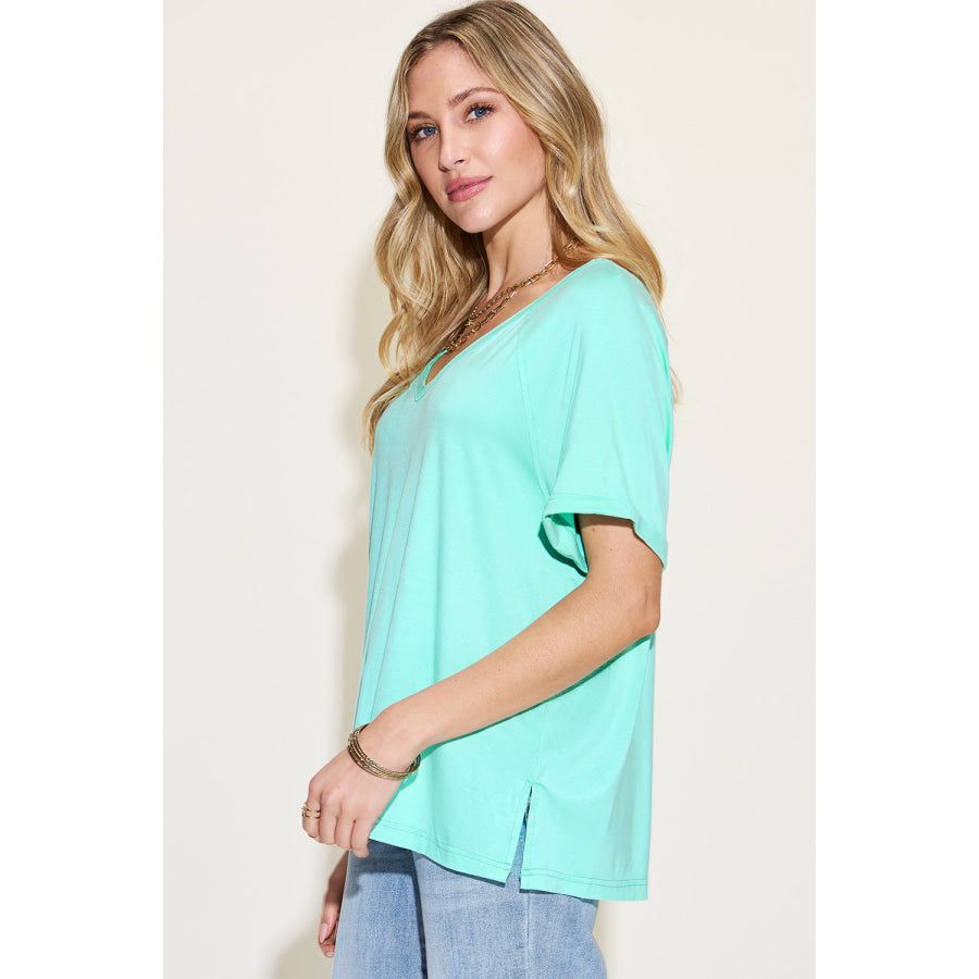 Basic Bae Full Size Bamboo Slit V - Neck Short Sleeve T - Shirt Apparel and Accessories