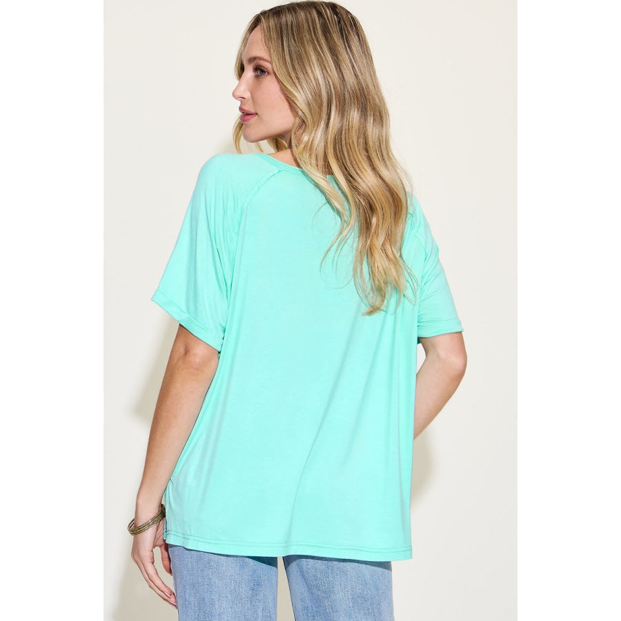 Basic Bae Full Size Bamboo Slit V - Neck Short Sleeve T - Shirt Mint Blue / S Apparel and Accessories
