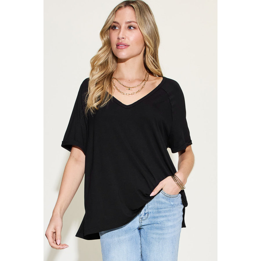 Basic Bae Full Size Bamboo Slit V - Neck Short Sleeve T - Shirt Black / S Apparel and Accessories